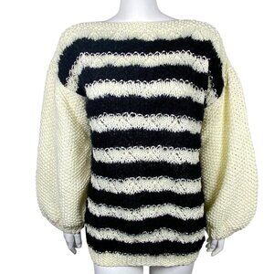 Vintage Womens Handknit Sweater Boatneck Striped Long Bishop Sleeve Tunic 80s